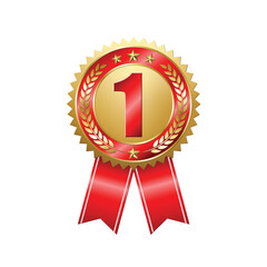 First prize gold medal on isolated white background. Award badge with red ribbon. Champion symbol of victory in competitive games. Vector illustration.