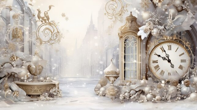 White Christmas living room decorated with silver and gold balls, clock, Christmas tree gift boxes. Christmas background for overlay.