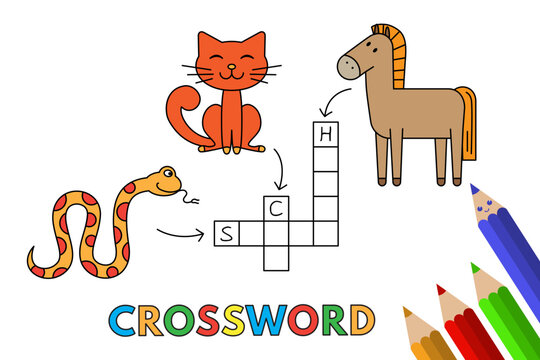 Cute animals crossword with cat, snake and horse. Vector illustration for children education
