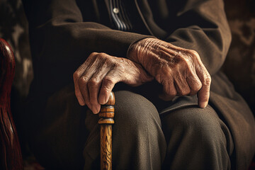 Close up on wrinkled hands of an elderly person. High quality photo