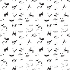 Vector hand drawn cartoon seamless pattern set art of mouth. Express various emotions through images of the mouth. Various mouth styles. Black and white pattern for paper, textile, game, web design.