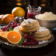 Obraz premium A bountiful breakfast table is laden with classic Christmas pastries, fresh fruits, and steaming cups of coffee. The festive colors and aromas promise a perfect start to the holiday.