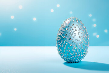 Fototapeta na wymiar Glamorous shiny Easter egg in rhinestones and glitter. A blue egg on a blue background. 