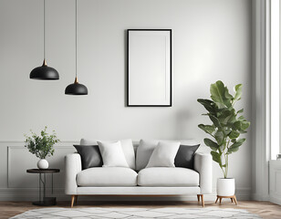 blank white, A mockup of a blank picture frame on a white wall Design of a white living room. A view of a chair-filled modern Scandinavian environment 