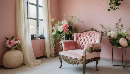Feminine grace with blush pink walls, floral accents, and a velvet chaise lounge.