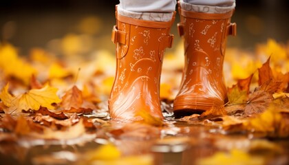Vibrant autumn fall scene with colorful foliage, trendy rain boots, and a cozy seasonal atmosphere