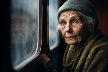 Sad old lonely elderly woman looking through the window. High quality photo