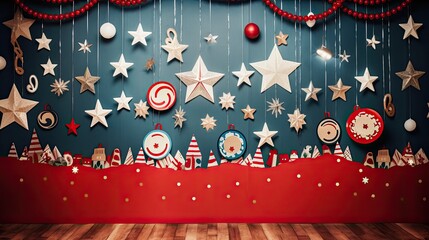 Christmas stage background decorated with paper stars, deer, paper snow, paper in light red and green tones.