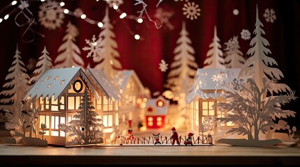 Christmas background with village and pine trees and snowflakes in papercut style.