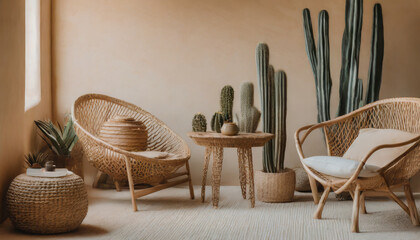 Desert-inspired oasis, Sandy hues, cactus motifs, and rattan furniture for a serene retreat.