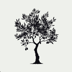 Olive tree silhouette synbol isolated for printing. Albero di olivo per etichette, marchio, brand, extra vergine. Black and white.