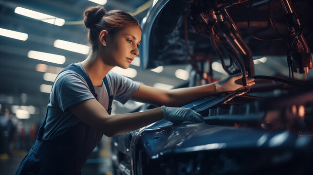 Car Factory: Female Automotive Engineer At Assembly Line Manufacturing Electric Vehicles.