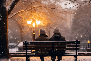 Back view of senior couple sitting on a bench in a winter park with snow. High quality photo - obrazy, fototapety, plakaty