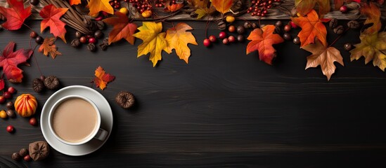The background of the isolated cafe table is adorned with a white textured design complemented by the colors of autumn leaves and black coffee exuding a concept that combines nature and food