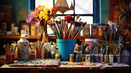 Paints and brushes of the artist on the table