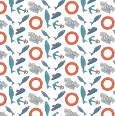 Seamless pattern with fish, anchor, lifebuoy, sailor suit, beret. Cute sea template for fabric, children's clothing, background, textile, wrapping paper and other decorations.Vector illustration.