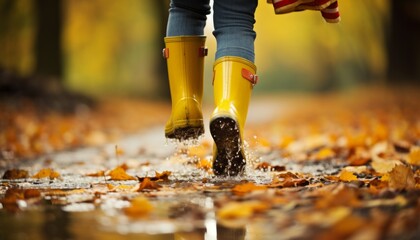 Vibrant autumn landscape with colorful foliage and stylish rain boots standing in the rain