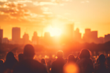 Fototapeta premium Landscape, urban, cityscape background. Hot summer sun illumination of urban city landscape. Yellow colored and blurred city scene during hot summer day. Abstract background with copy space