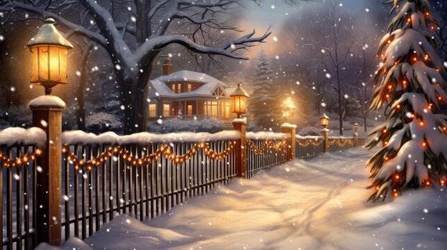 a breathtaking winter scene with detailed snowflakes gently blanketing a traditional wooden fence, illuminated by the soft light of a streetlamp