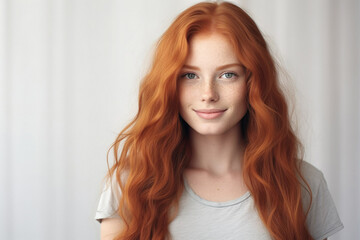 Closeup of happy attractive young woman with long wavy red hair and freckles wears stylish t shirt looks happy and smiling isolated over white background.