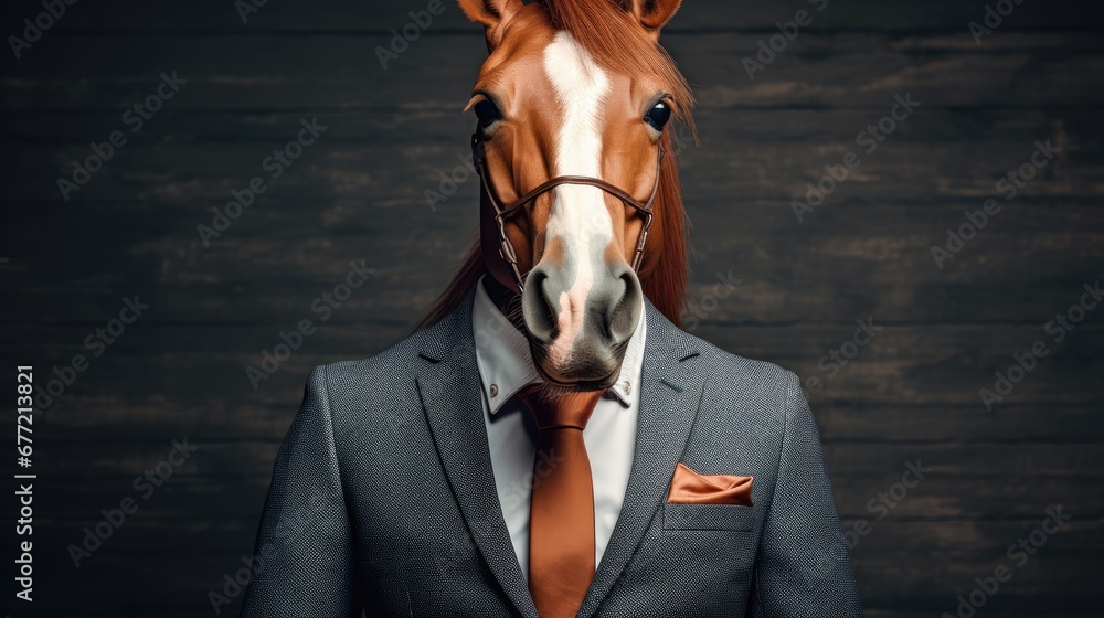 Sticker a horse wearing a suit and tie standing in front of a wooden wall with it's head over the top of the