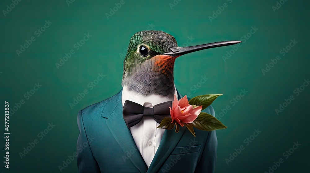 Poster a bird in a tuxedo with a flower in it's lapel, against a green background. generative ai