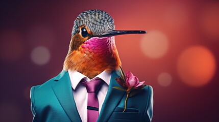  a close up of a bird in a suit and tie with a flower in it's lapel flower.  generative ai - obrazy, fototapety, plakaty