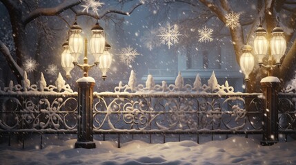 a breathtaking winter scene with detailed snowflakes gently blanketing a traditional wooden fence,...