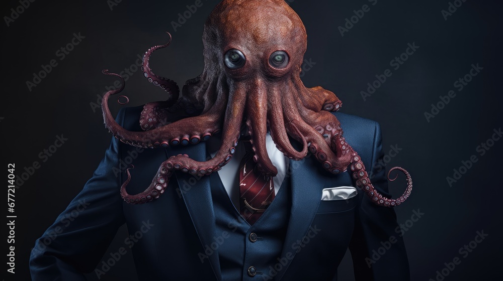 Sticker  a man in a suit and tie with an octopus mask on his head and a tie on his lapel.  generative ai