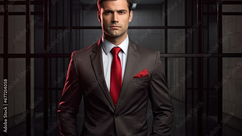 Poster a man in a suit with a red tie and a red rose in his lapel is standing in a jail cell. generative ai