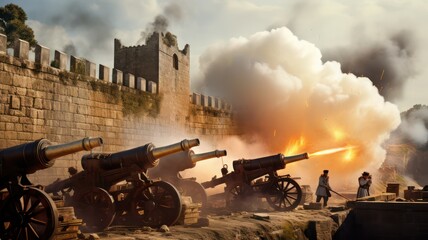 Several cannons in a row firing cannon salutes from a stone wall at a castle with smoke coming out of the front end of the cannons created with Generative AI - obrazy, fototapety, plakaty