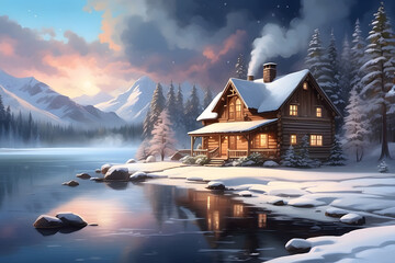 A stunningly beautiful digital painting of a winter wonderland, with snow-covered trees, a sparkling lake, and a cozy cabin in the distance, with smoke billowing from the chimney and inviting lights. - obrazy, fototapety, plakaty