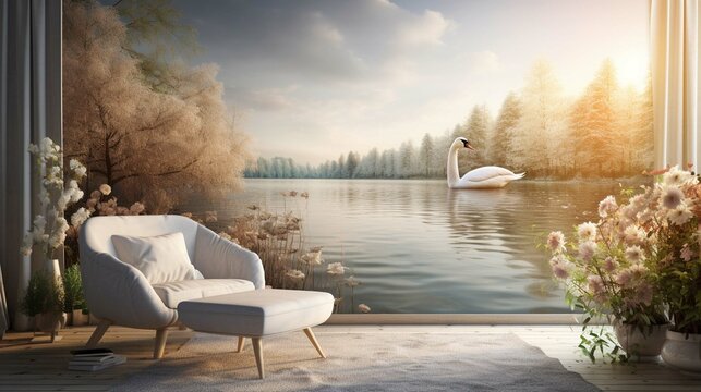 Two white swans in crystal clear water Grundlsee Lake. Beautiful landscape of alps. Location