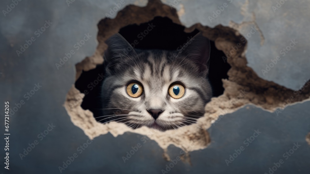 Poster a close up of a cat looking out of a hole in a concrete wall with a hole in the middle. generative a