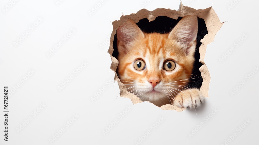 Poster a close up of a cat looking out of a hole in a piece of paper with a cat's face peeking out of it. g
