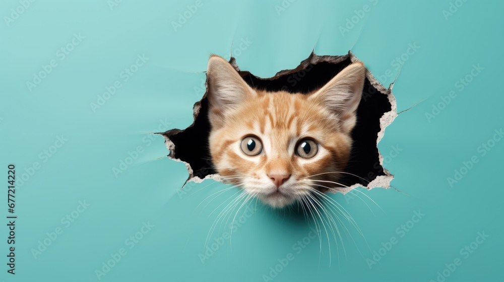 Poster a close up of a cat looking out of a hole in a wall with it's eyes wide open. generative ai