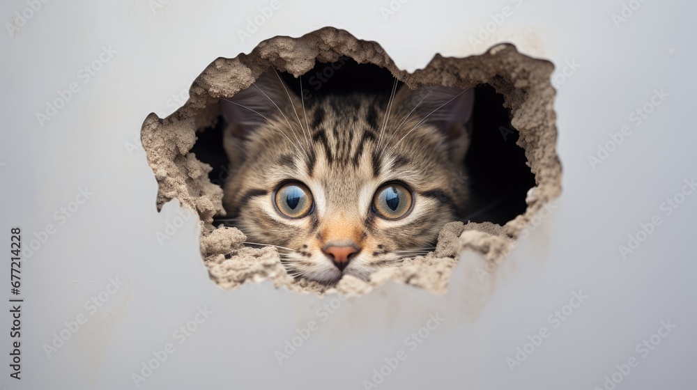 Poster a close up of a cat peeking out of a hole in the wall with its eyes wide open and looking at the cam