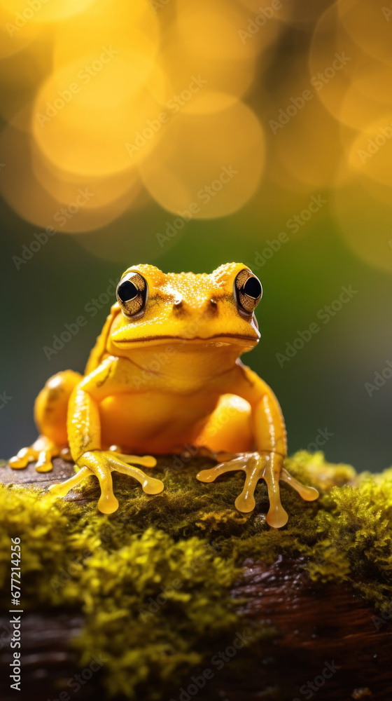 Sticker A yellow frog sitting on a branch with bright lights, AI