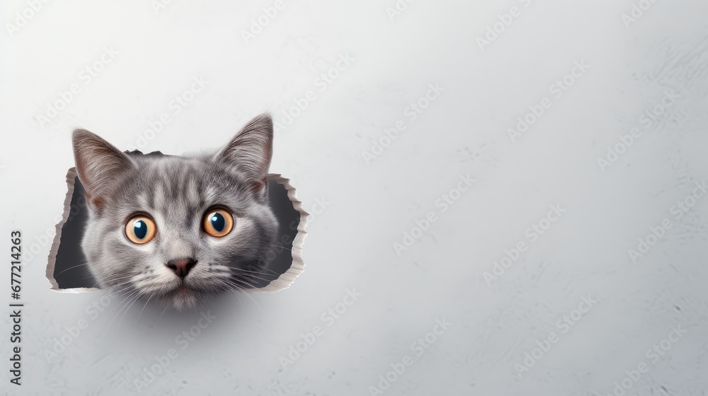 Poster a cat looking out of a hole in a wall with its head sticking out of it's side and looking at the cam