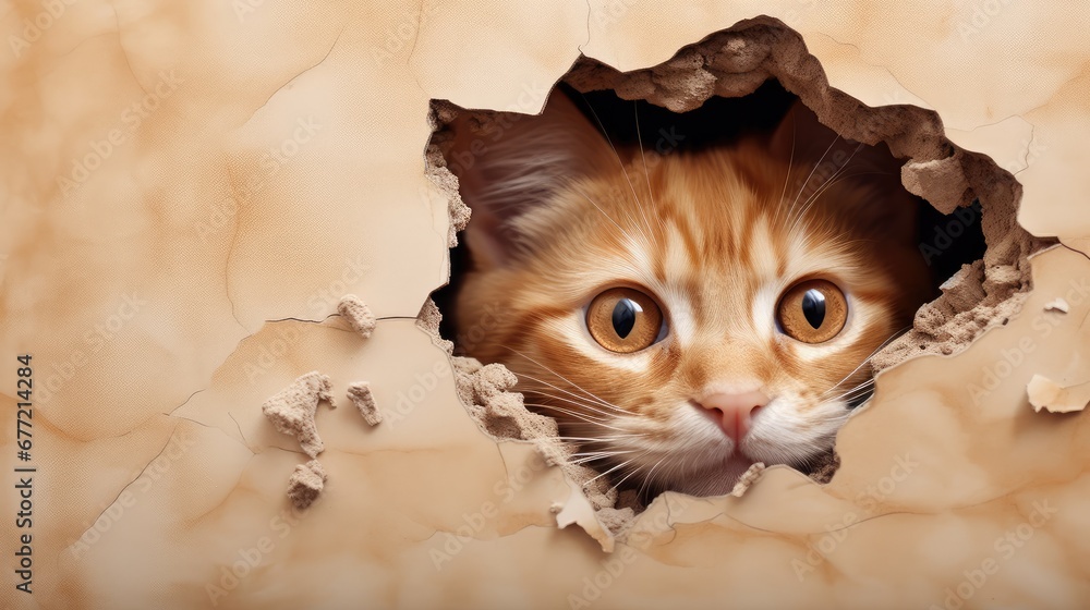 Poster  a close up of a cat looking out of a hole in a paper with a torn up wall behind it.  generative ai
