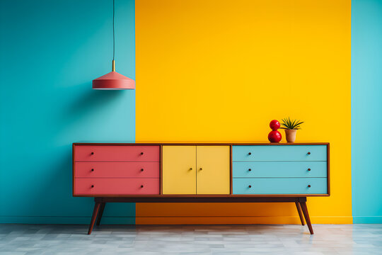 Colorful sideboard on colorful blue wall background electric retro interior