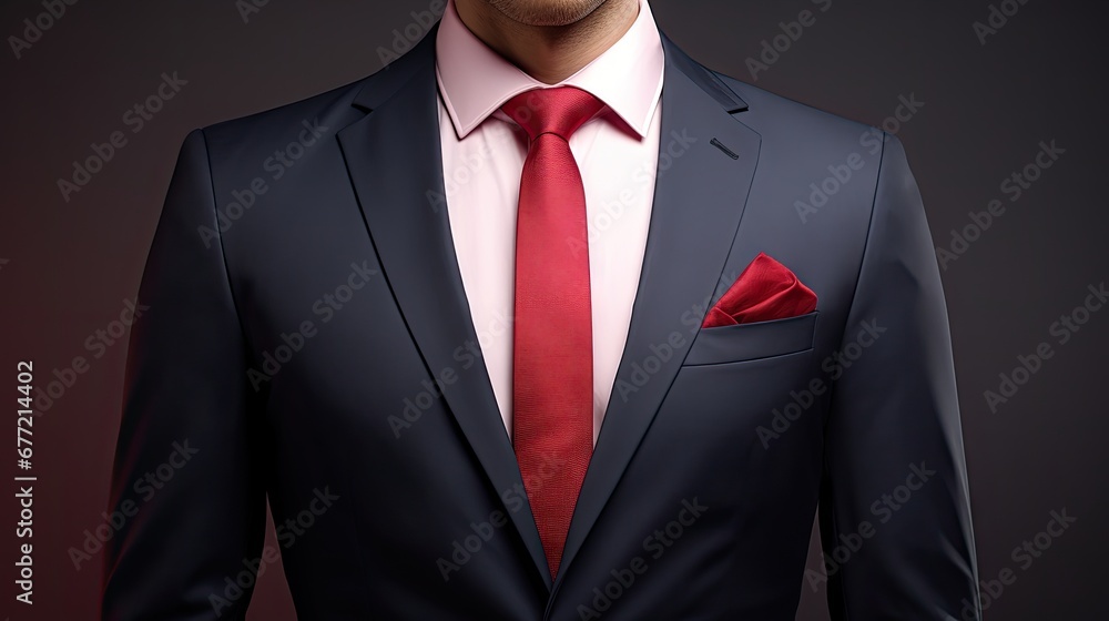 Poster a man in a suit with a red tie and a red pocket square with a red pocket square on his lapel. genera