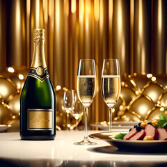 A sumptuous dinner and flutes glasses of champagne, Shining golden background,