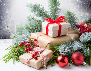 christmas presents with fir tree and decor,tions on white background