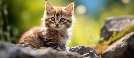 Naklejka na ściany i meble The brown kitten with its furry coat and adorable eyes stood out against the beautiful background making it a cute and attentive domestic pet loved by all for its animal instincts and felin