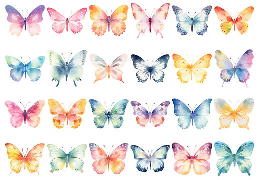 Vector watercolor painted butterflies clipart. Hand drawn design elements isolated on white background.