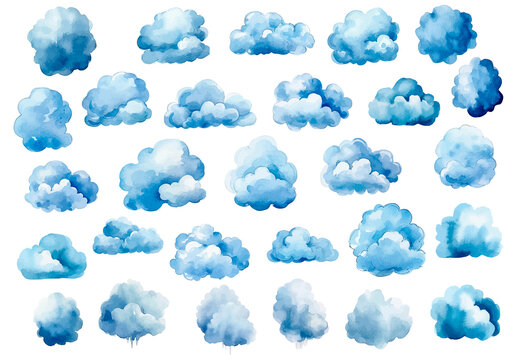 Vector watercolor painted blue clouds. Hand drawn design elements isolated on white background.