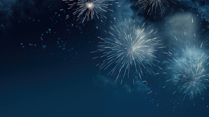 Fototapeta na wymiar Abstract background new year, cheering crowd and blue and gold fireworks and celebrating holiday, Sparklers and bokeh lights on dark blue night sky texture, copy space, generative ai