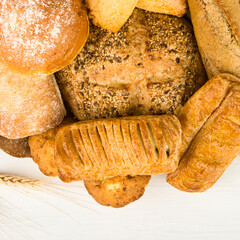 Bread and sweet baked goods on a white