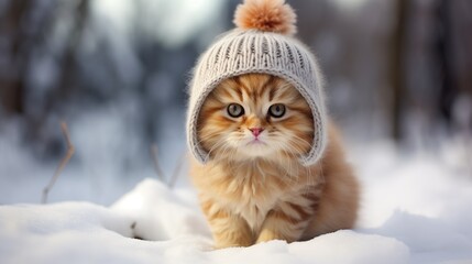 Kitten cute wearing a knitted hat lying on the snow winter, generative ai